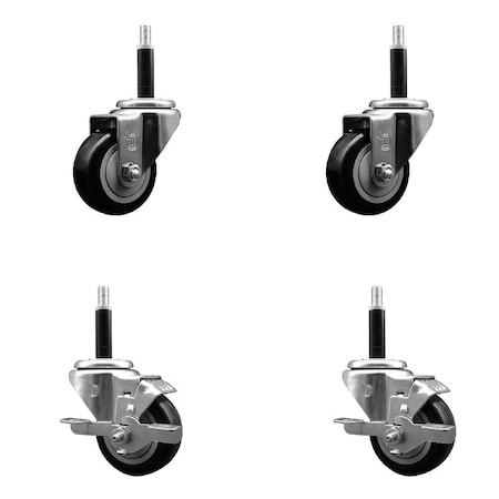 Service Caster 3'' SS Black Poly Wheel Swivel 3/4'' Expanding Stem Caster Set 2 Brakes, 4PK SCC-SSEX20S314-PPUB-BLK-2-TLB-2-34